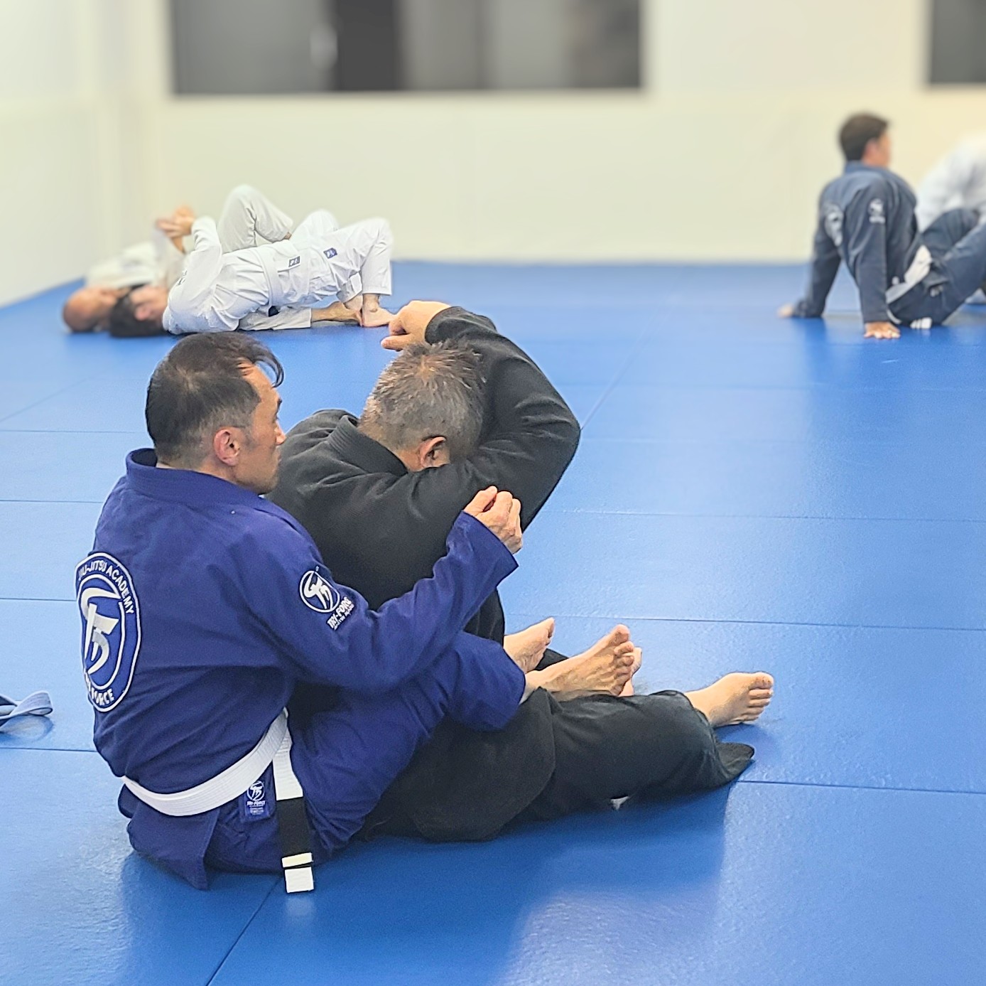 Students training Brazilian Jiu-Jitsu on blue mats in an academy class