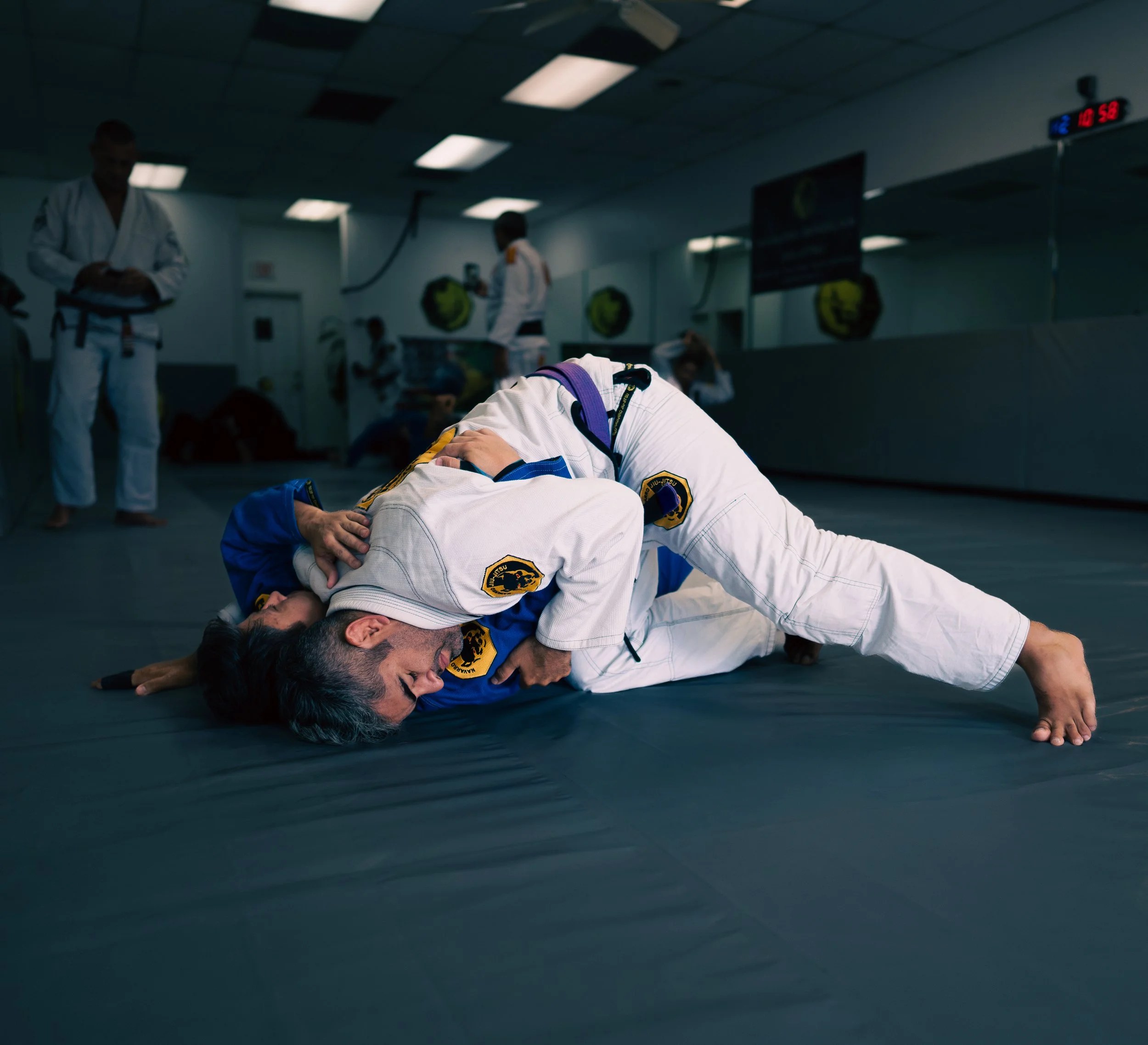Brazilian Jiu-Jitsu practitioners training together on the mats in a martial arts academy